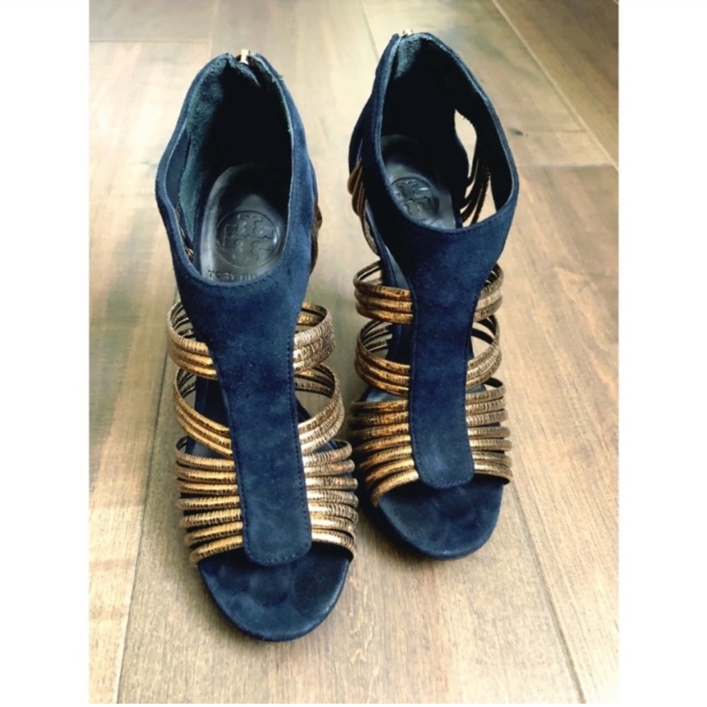 Tory Burch high heels blue velvet & rose gold